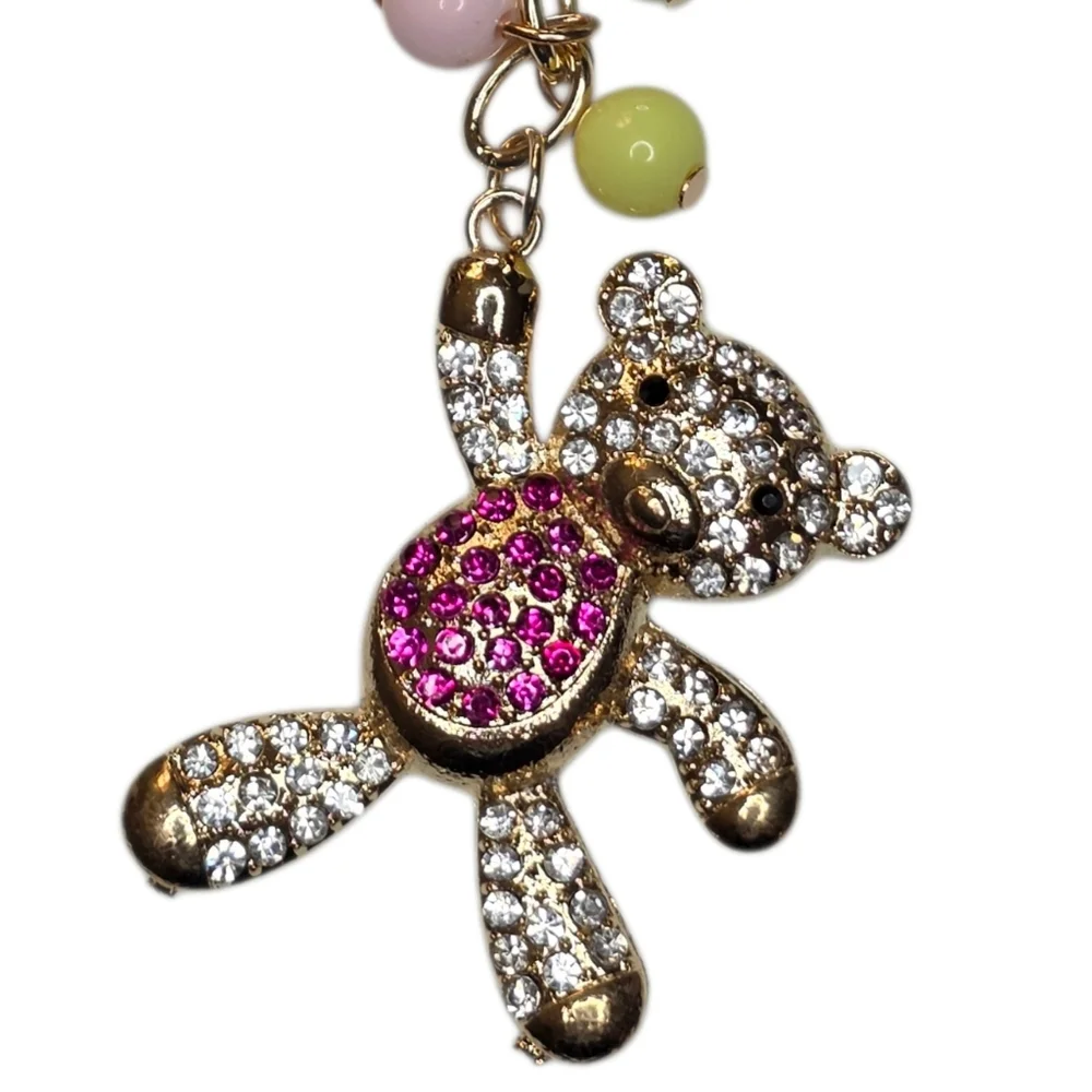 Pink Crystal Embellished Teddy Bear Beaded Accessories Bag Charm Gold Keychain